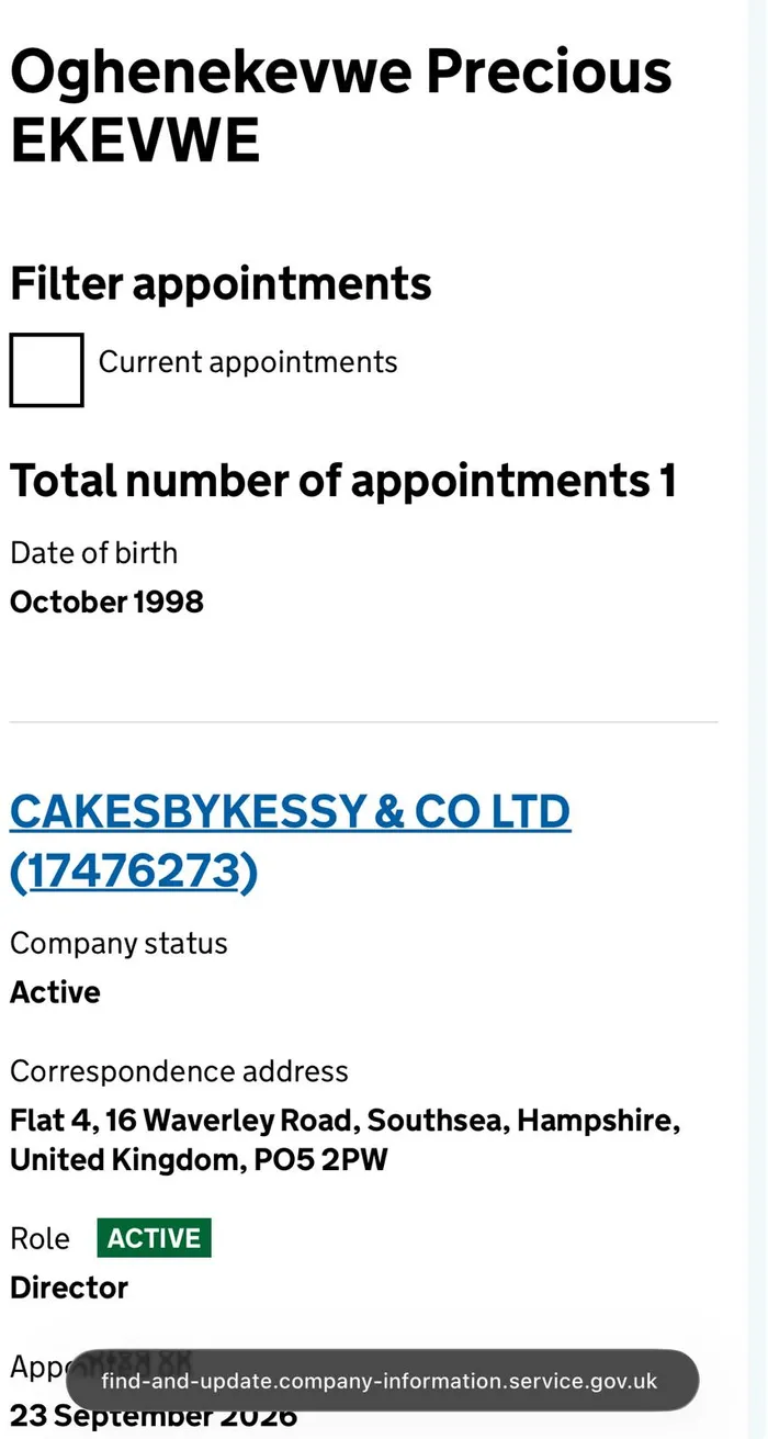 Company appointment record showing Precious as a director