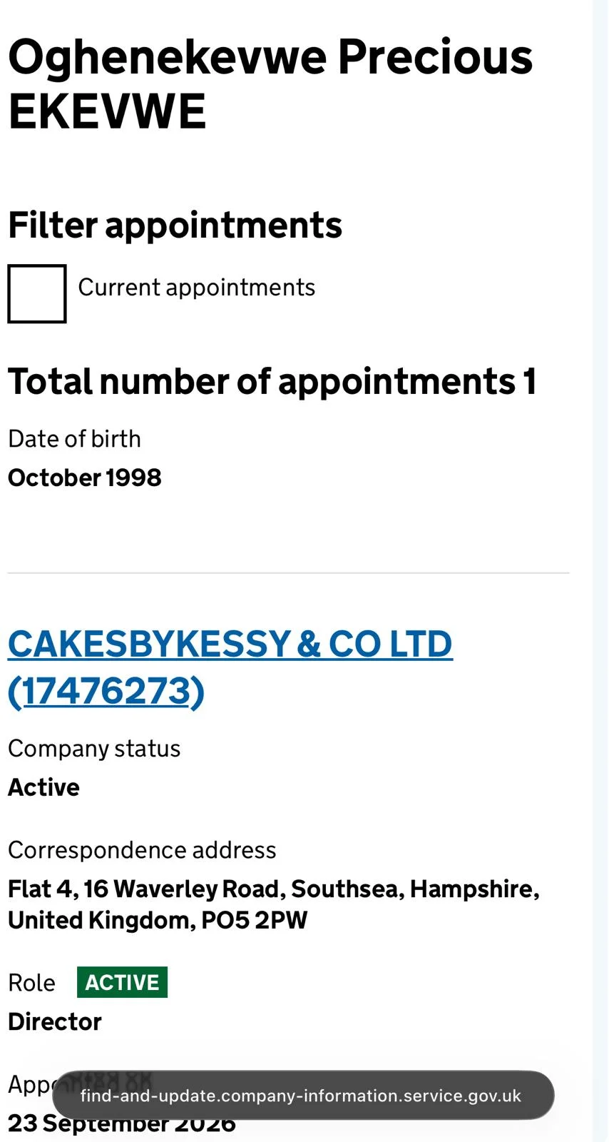 Company appointment record showing Precious as a director
